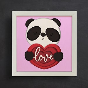Caixa de sombra 3D Dia dos Namorados SVG, Panda com coração, Amor 3D, Arquivos para Cricut com instruções fáceis