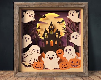 3D Halloween Ghost Shadow Box SVG, Haunted House Layered Papercut