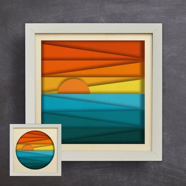 3D Sunset Shadow Box SVG, 3D Landscape Layered, 3d Ocean svg, 3d sea svg, SVG Digital Download Files,For Cricut, Lightbox