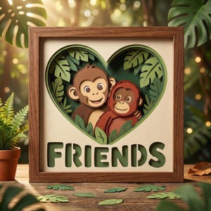 May include: A framed paper art piece featuring two cartoon monkeys embracing within a heart-shaped cutout, surrounded by green leaves. The word "FRIENDS" is cut out at the bottom. The frame is brown, and the background is a blurred forest scene.