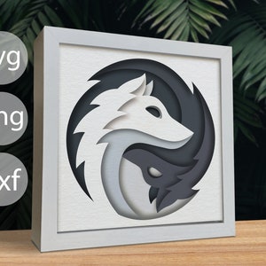 Loup 3D, Yinyang SVG 3D, modèle Shadow Box, Shadowbox 3D SVG loup en couches, papier cartonné en couches, papier découpé pour Cricut