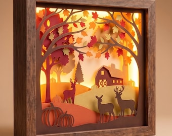 Fall Shadow Box SVG, 3D Layered Autumn Landscape with Deer and Barn