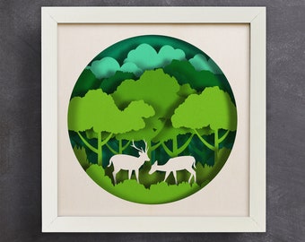 3D Nature Shadow Box SVG, Deer Landscape Paper Cut File