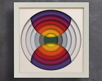 Peut inclure: Une image encadrée de blanc avec un motif abstrait coloré. Le motif est une série de cercles concentriques dans des tons de violet, rouge, orange, jaune, vert et gris.