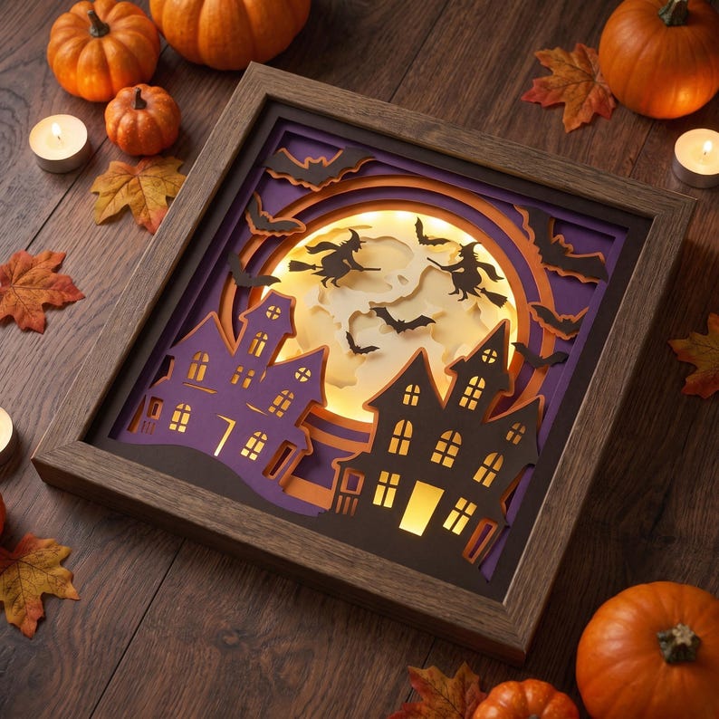 May include: A square, layered paper shadow box in a dark wood frame featuring a backlit, glowing moon behind silhouettes of two haunted houses, flying witches on broomsticks, and several bats, all set against a deep purple and orange background.