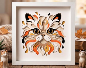 3D Persian Cat Shadow Box SVG, Layered Fluffy Cat Papercut Template for Cricut