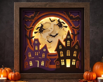 Halloween Haunted House Shadow Box SVG, Flying Witch and Full Moon 3D Papercut