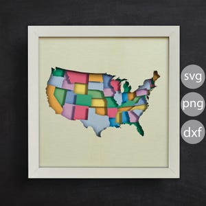 3D-kaart van de VS, Shadow Box Svg, 3D-papier gesneden, lasergesneden bestanden, voor cricut, voor silhouet, CNC-gesneden bestanden
