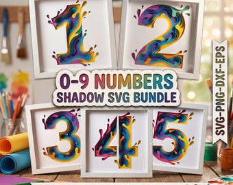 3D Layered Numbers SVG Bundle 0-9 | Paint Splash Shadow Box Cut File (Digital Download)