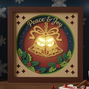 Christmas Shadow Box SVG, 3D Jingle Bells Lightbox File for Cricut, Layered Papercraft Template, Holiday DIY Decor, Peace and Joy Art