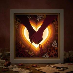 Peut inclure: Une œuvre d'art en papier encadrée, représentant deux mains se tenant dans un cœur. Le cœur est éclairé d'une lumière chaude, entouré de découpes florales et de feuilles. Le mot "Love" est également découpé.