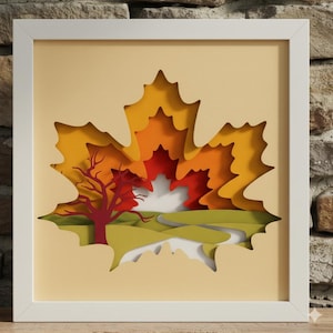 Paysage de feuille d&#39;érable 3D, Svg de boîte d&#39;ombre d&#39;automne, pour cricut, pour la silhouette, découpe CNC, formats Svg, Dxf, Eps, Png