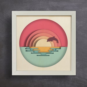 3D Sunset with Dolphin, Shadow Box SVG, 3D Landscape, Papercut, SVG Digital Download Files, For Cricut, Lightbox