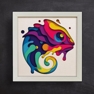 Caméléon 3D SVG en couches pour papier cartonné / 3D Thropical Shadow Box / Papier découpé coloré / Pop Art / Animaux 3D / Pour Cricut / Pour Silhouette