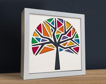 Caixa de sombra 3D em forma de árvore de vitral, SVG Boho 3D, Mandala 3D, Arquivos para Cricut e Silhouette fáceis de usar.
