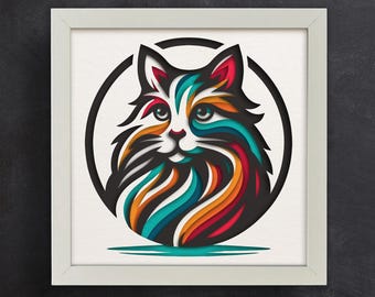 3D Cute Cat Shadow Box SVG, Layered Pet Memorial Template, Boho Cat Paper Cut for Cricut & Silhouette, Cardstock Shadow Box Decor