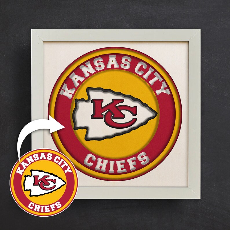 May include: A framed print of the Kansas City Chiefs logo. The logo is a red circle with a yellow arrowhead inside. The words "Kansas City Chiefs" are written around the circle.