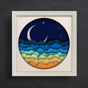 3d Cloudy Night Sky Shadow Box, Files for cricut, for Silhouette, Paper Cut Template, Cardstock Svg