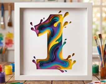 3D Number 1 SVG, First Birthday Shadow Box Cut File, Paint Splash Layered Template