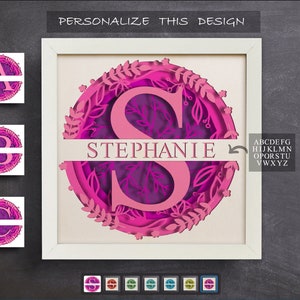 Caja de sombras con monograma dividido en 3D, nombre personalizado, alfabeto, apellido SVG, letras de la A a la Z, regalo con nombre SVG, archivos para Cricut