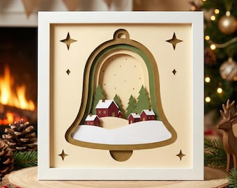 3D Christmas Bell Shadow Box SVG, Winter Village Papercut, Layered Holiday Lightbox Template for Cricut, DIY Christmas Home Decor