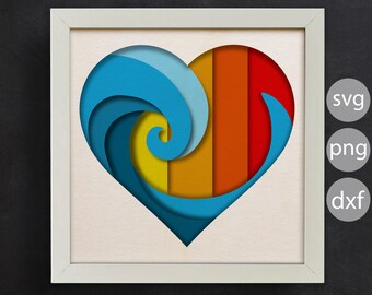 3d Wawes and Heart, Shadow Box Svg, 3d Summer Layered, 3d Sea, For Cricut and Silhouette, Easy to Use