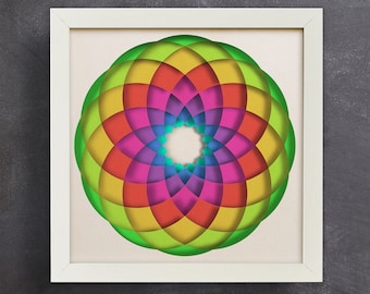 May include: A framed artwork featuring a colorful, layered paper mandala with a circular design in shades of green, yellow, orange, red, pink, purple, and blue.