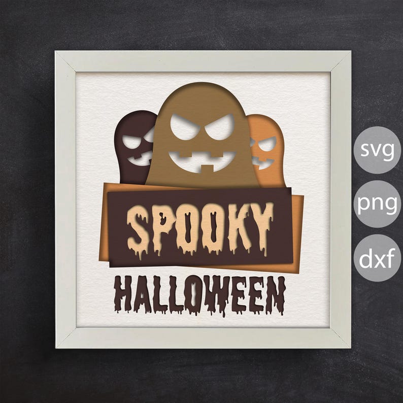 Pu&ograve; includere: Una cornice bianca con uno sfondo bianco che presenta tre fantasmi arancioni e marroni con un testo di Halloween inquietante. Il testo dice "Spooky Halloween" in un font che cola.