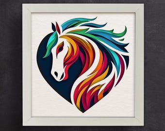 May include: A colourful paper cut-out of a horse's head in a heart shape. The horse is made of layered paper in shades of red, orange, yellow, green, blue, and purple.
