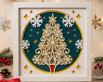 3D Christmas Tree Shadow Box SVG, Layered Papercraft File for Cricut, Winter Forest Lightbox Template for Glowforge Holiday Wall Art