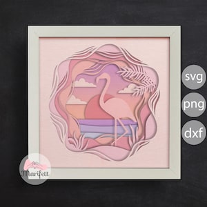 3d Flamingo SVG, Shadow Box Template, Sunset 3D SVG, Layered Cardstock, for Cricut, for Silhoette, Easy to use