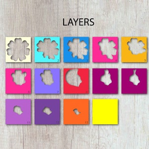 May include: Layers 1-13 of a paper flower craft project. The layers are cut from different coloured paper and arranged in a stack, with the largest layer on the bottom and the smallest layer on top. The layers are numbered 1-13.