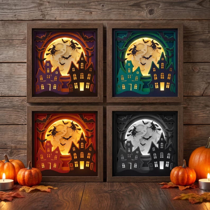 May include: Four square shadow box wall art pieces featuring layered paper cutouts of a haunted house, a large full moon, and flying witches on broomsticks. Each frame displays a different color scheme: purple, green, orange, and grayscale.