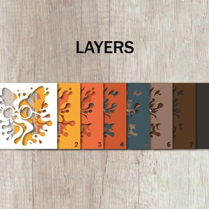 May include: Seven layers of paper cutouts, each showing a different stage of a cat's face with glasses. The layers are numbered 1 through 7, with the first layer being white and the last layer being brown.
