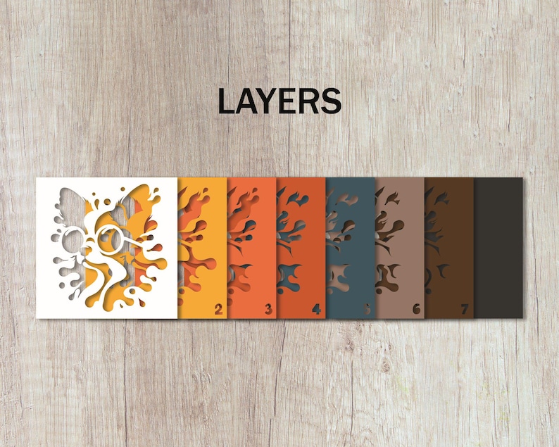 May include: Seven layers of paper cutouts, each showing a different stage of a cat's face with glasses. The layers are numbered 1 through 7, with the first layer being white and the last layer being brown.