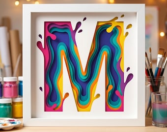 3D Letter M SVG, Layered Alphabet Shadow Box, Splash Initial Cut File for Cricut, Liquid Typography Monogram Vector, Papercut Design