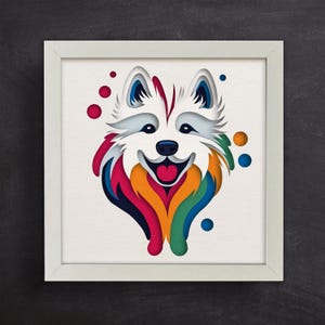 May include: A white paper cut-out of a dog's face with colorful details. The dog is smiling with its tongue out. The background is white with colorful dots.