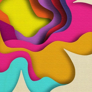 May include: Abstract art design with layered paper cutouts in shades of yellow, orange, red, purple, pink, and blue. The design is on a textured beige background.