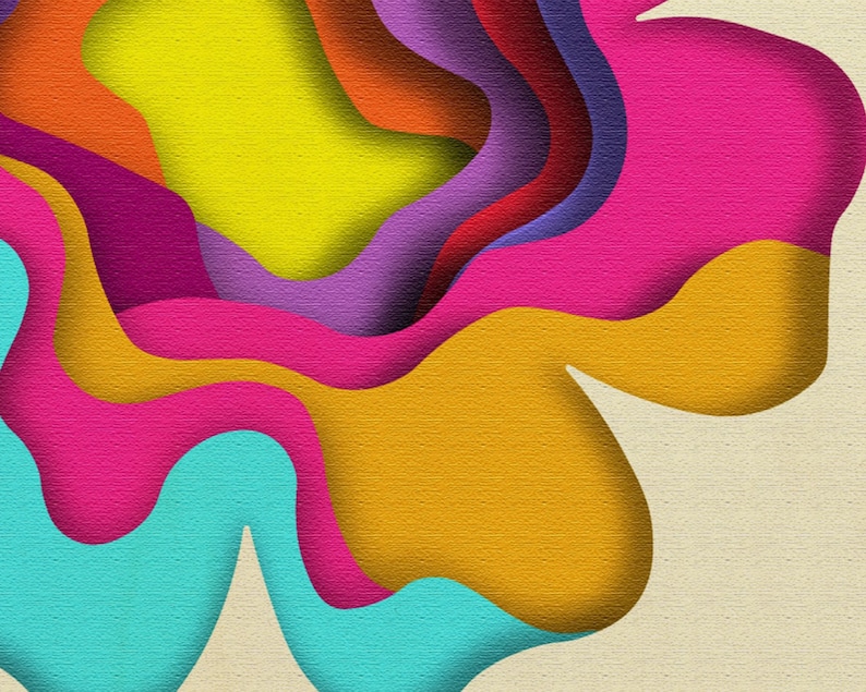 May include: Abstract art design with layered paper cutouts in shades of yellow, orange, red, purple, pink, and blue. The design is on a textured beige background.