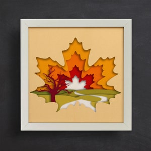 Paesaggio foglia d'acero 3D, scatola ombra autunnale Svg, per cricut, per Silhouette, taglio CNC, formati Svg, Dxf, Eps, Png