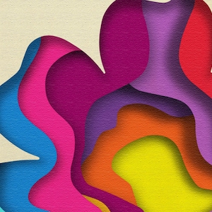 May include: Abstract art print featuring a layered design of colourful paper cutouts in shades of blue, pink, purple, orange, yellow, and green. The paper cutouts create a wave-like pattern.