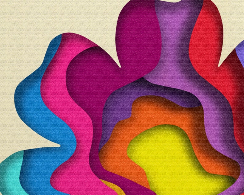 May include: Abstract art print featuring a layered design of colourful paper cutouts in shades of blue, pink, purple, orange, yellow, and green. The paper cutouts create a wave-like pattern.