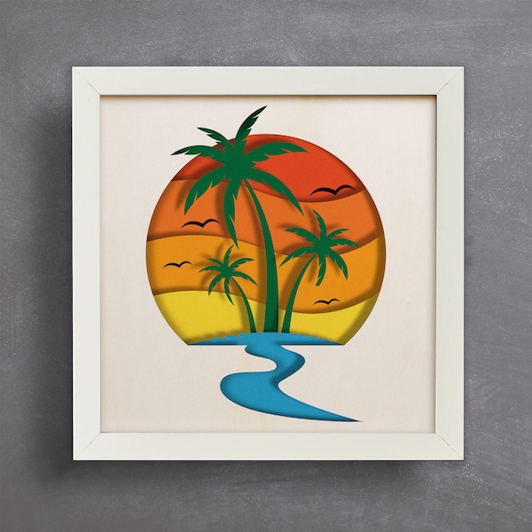 3D Palm Tree Summer Shadow Box, 3D Landscape Papercut, 3D Silhouette Layers, SVG Digital Download Files, Shadow Box SVG ,For Cricut