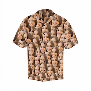 May include: A short-sleeved button-up shirt with a pattern of a woman's face repeated all over the fabric.