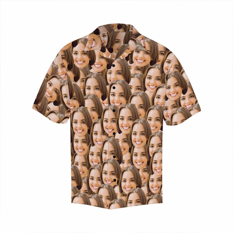 May include: A short-sleeved button-up shirt with a pattern of a woman's face repeated all over the fabric.
