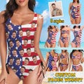 Personalized Flag Swimsuit with Face Women Custom Bathing Suit Photo Printed Swimwear Independence Day Suits Gift for Wife Mom