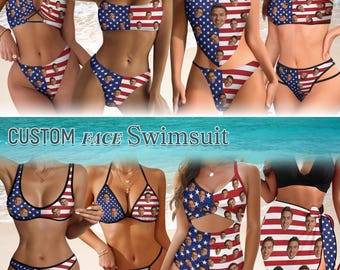 Custom USA Flag Swimsuit: Personalized Face One Piece Swimsuit, 4th of July Patriotic Gifts