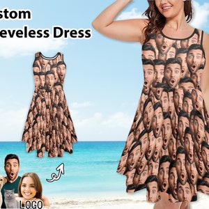 Custom Photo Face Print Dress Personalized Women Sleeveless Dresses Customized Multi Face Skirt Gifts for Her/Wife Anniversary/Birthday Gift