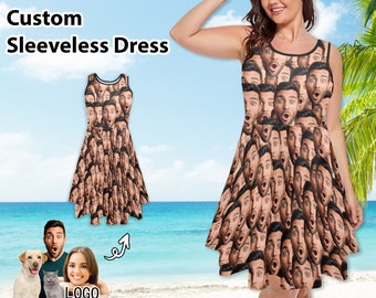 Custom Photo Face Print Dress Personalized Women Sleeveless Dresses Customized Multi Face Skirt Gifts for Her/Wife Anniversary/Birthday Gift