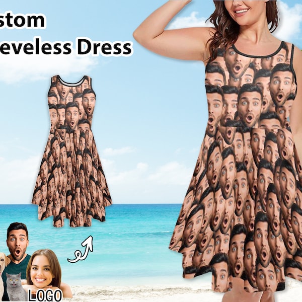 Custom Photo Face Print Dress Personalized Women Sleeveless Dresses Customized Multi Face Skirt Gifts for Her/Wife Anniversary/Birthday Gift